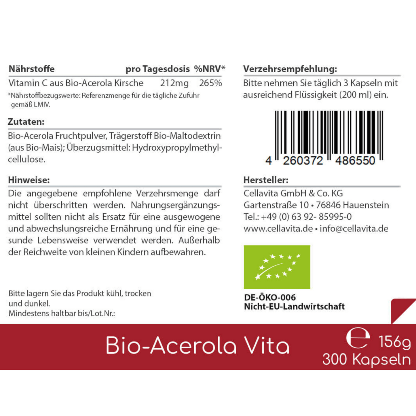 Bio-Acerola Vita (natürliches Vitamin C) 300 Kapseln Vorratsbeutel