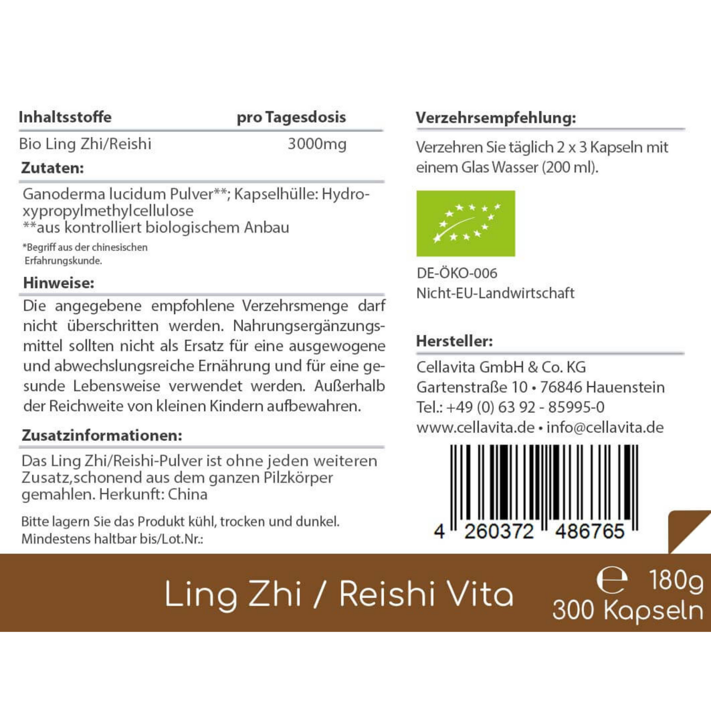 Bio-Ling Zhi / Reishi Vita 300 Kapseln "Glänzender Lackporling im Vorratsbeutel