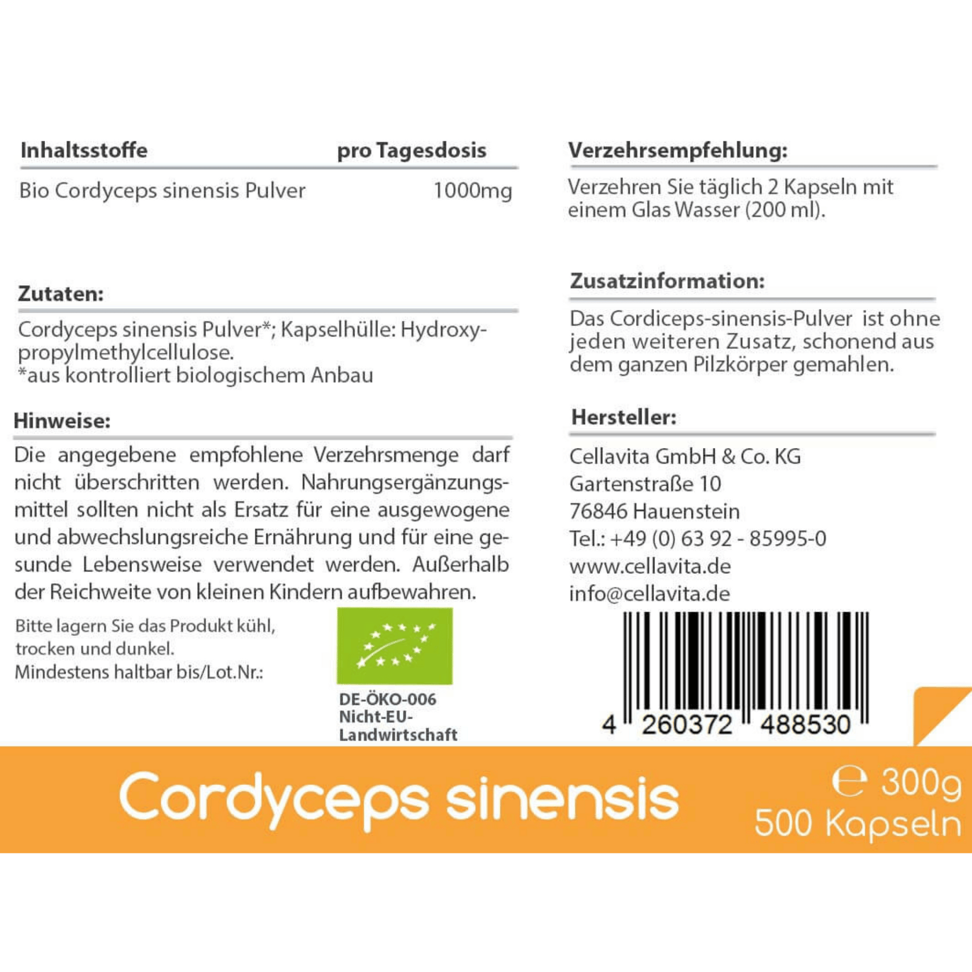 Bio Cordyceps Sinensis 500 Kapseln im Vorratsbeutel - Cordyceps Sinensis