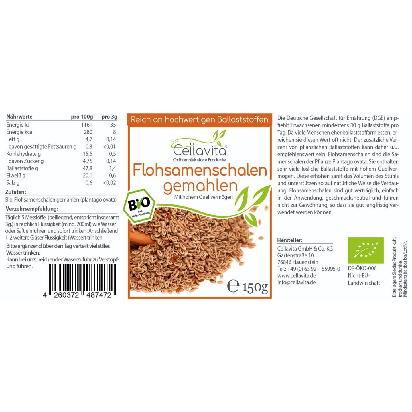 Bio Flohsamenschalenpulver (gemahlen) 150g im Glas