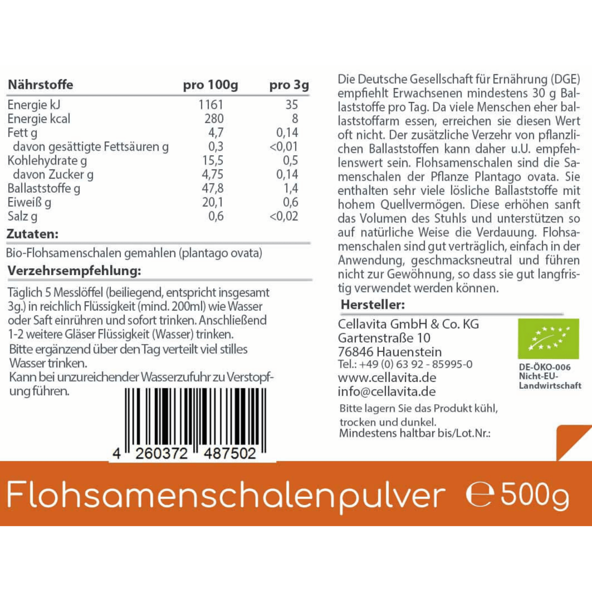 Bio Flohsamenschalenpulver (gemahlen) 500g Vorratsbeutel