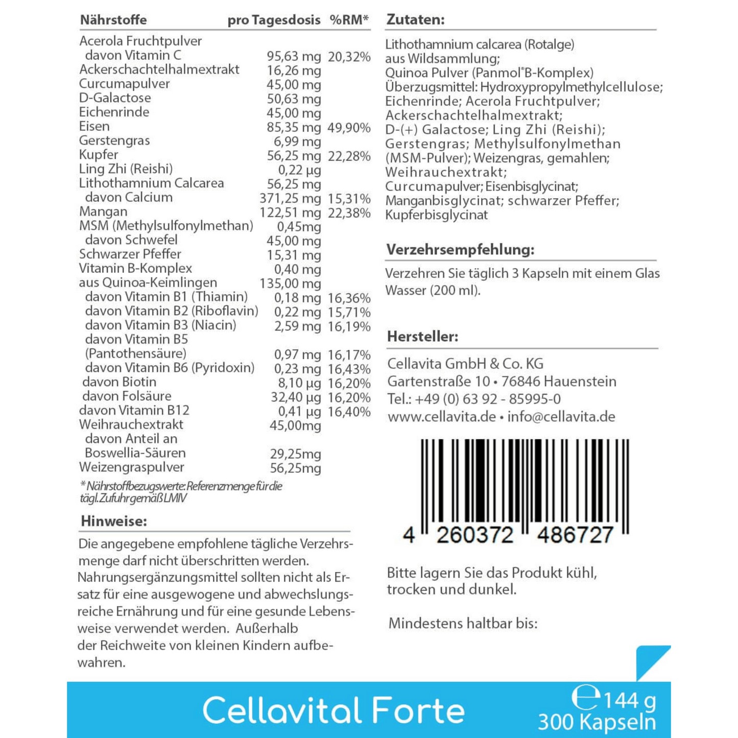 Cellavital® Forte | Multi-Synergie für jeden Tag - 300 Kapseln im Vorratsbeutel