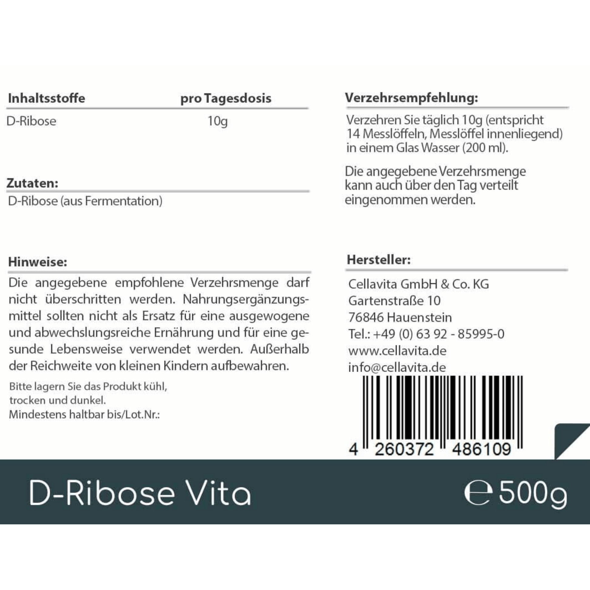 D-Ribose Vita Pulver 500g Vorratsbeutel