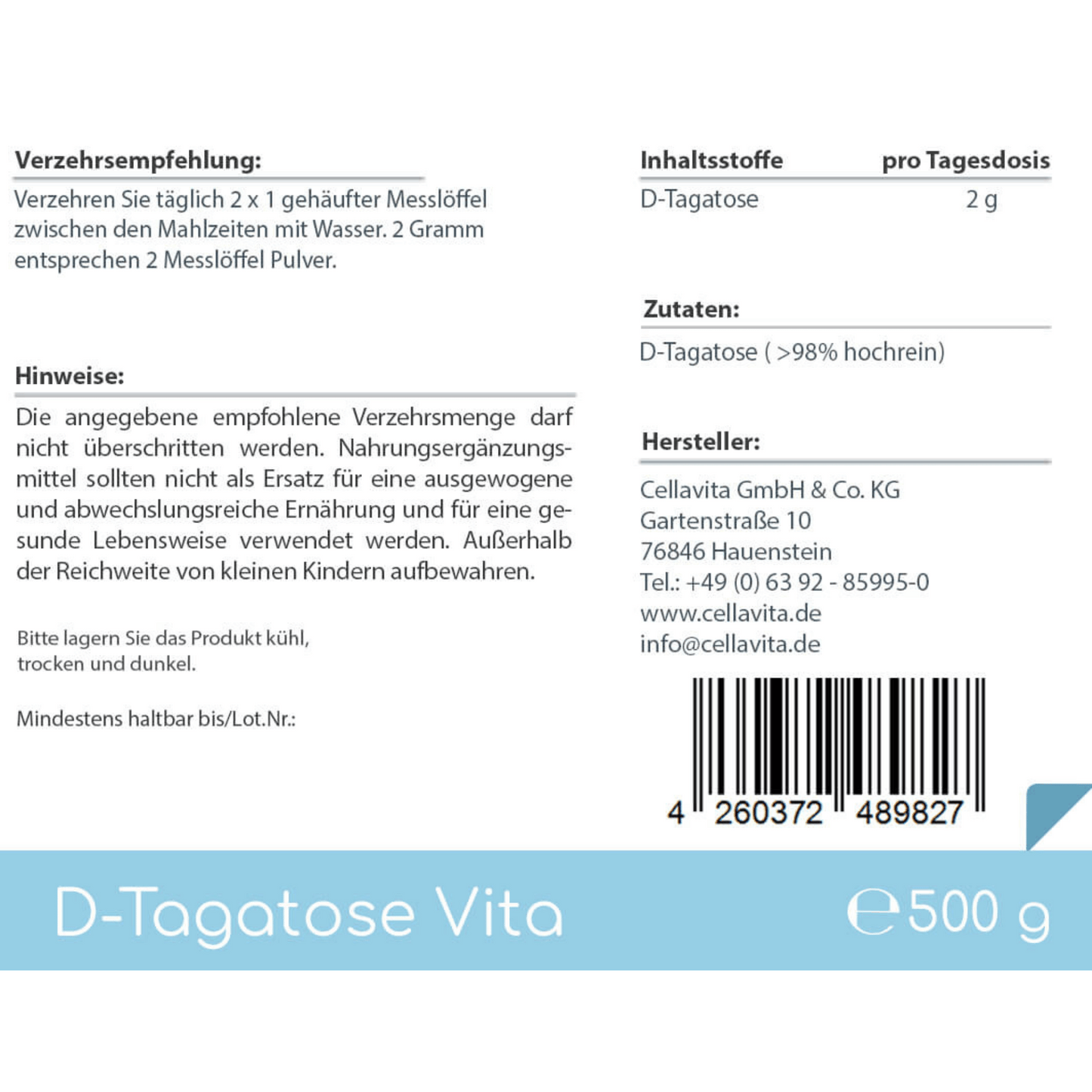 D-Tagatose Vita 500g Pulver im Vorratsbeutel