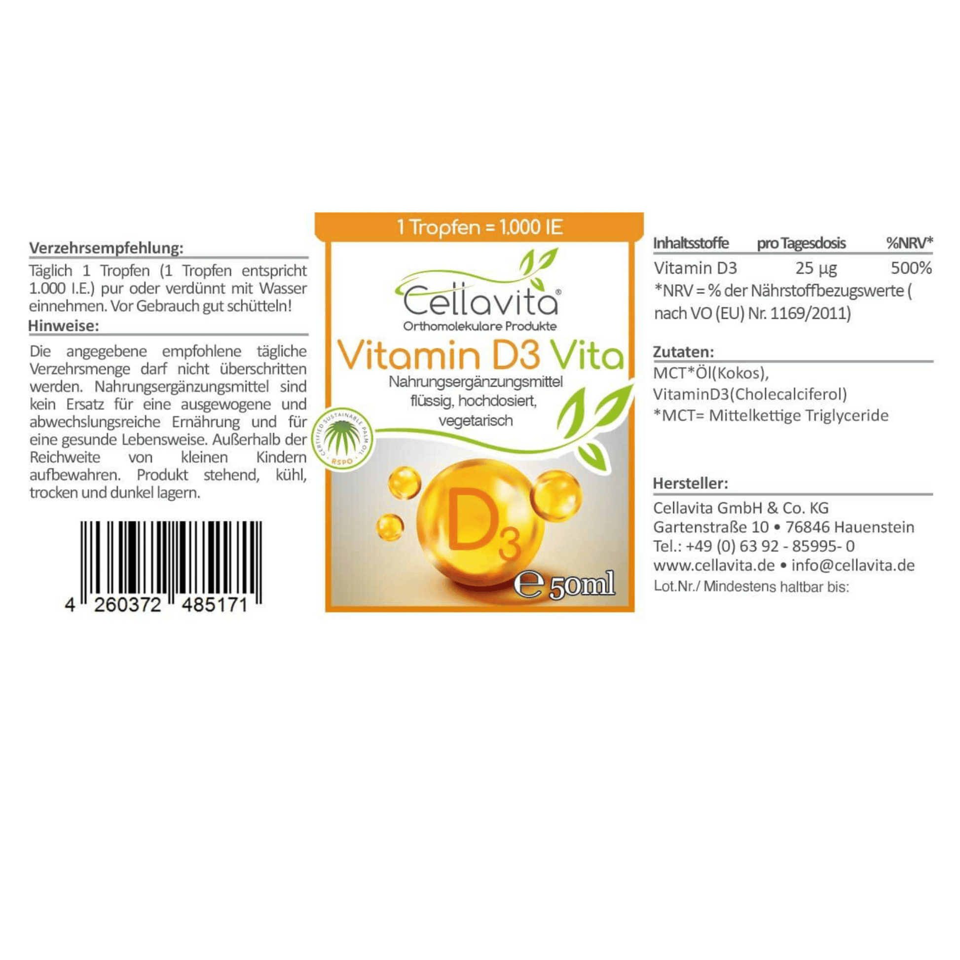 Vitamin D3 Vita 50ml (1 Tropfen = 1.000 IE) hochdosiert